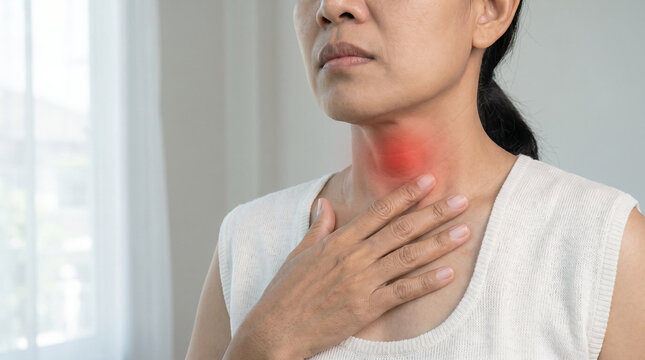 Red throat pain concept symbolizing infection, swelling, illness, and need for medical care.