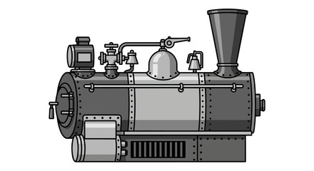 Vintage Steam Locomotive Illustration, Retro Train Engine, Monochrome Design © samsul