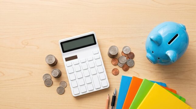 Personal finance items arranged for budgeting on wooden desk with calculator piggy bank coins and colorful notebooks