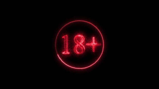 Red neon sign 18 plus age restriction warning symbol glowing effect on black background, warning concept