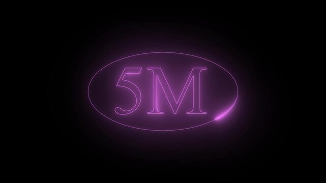 Five million subscribers celebration neon animation featuring glowing pink 5m text in oval frame over black background, vibrant ultraviolet light motion graphics for social media milestones