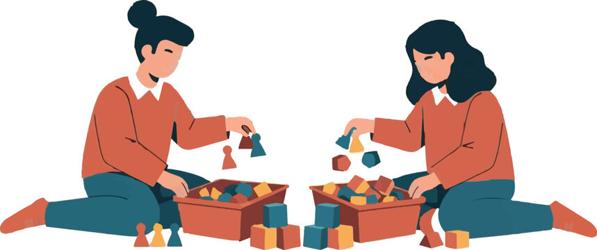 Two women assembling colorful educational toys together on floor.
