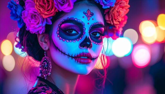 ネオン光に照らされた死者の日メイクのラテン系女性と花飾りの夜のポートレート