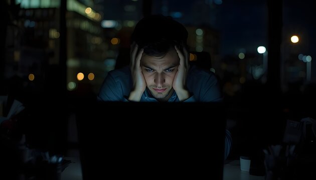 Tired office worker sits alone at night staring at laptop screen