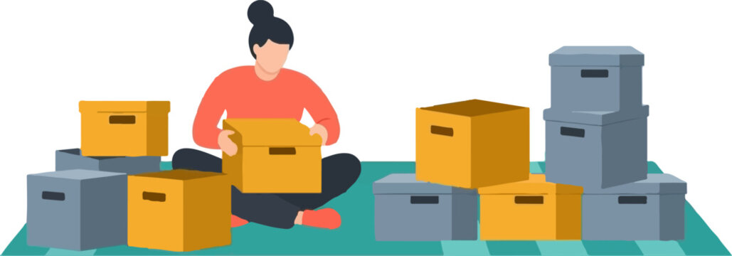 Woman organizing boxes in colorful storage room setup.