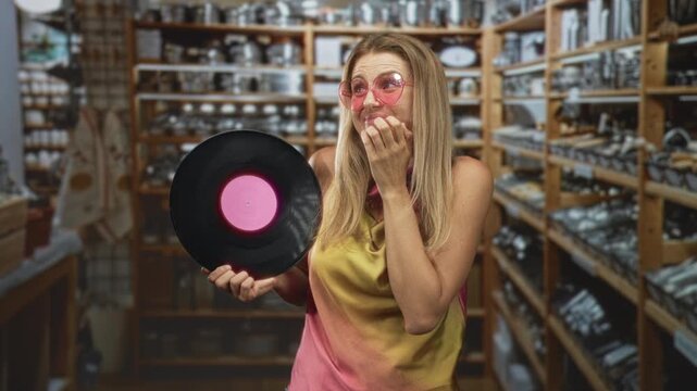 Woman holding vinyl record with fingers to lips gesture in a building lined with shelves; nostalgia retro charm.