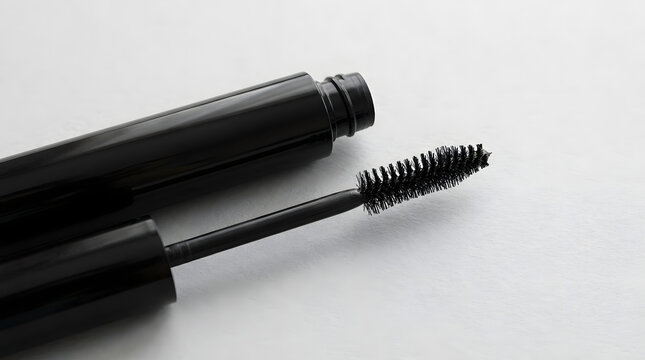 Close-up of an open black mascara tube with its applicator wand extended, highlighting the brush bristles against a neutral background for makeup application