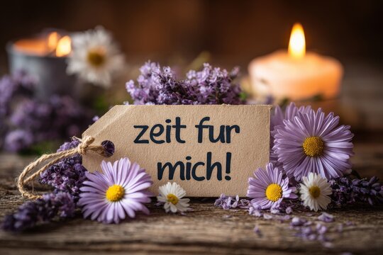 Zeit fur mich tag with purple flowers and lit candles on rustic wooden background for relaxation concept relaxation wellness lifestyle meditation mindfulness serenity decoration stillness