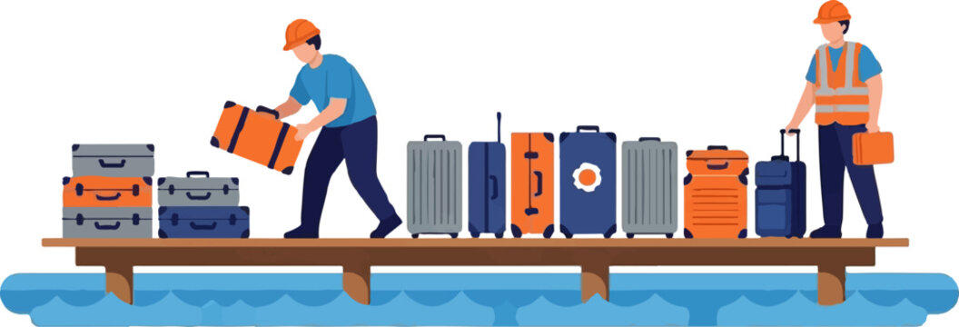 Workers handling luggage on a conveyor system efficiently.