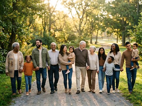 Multi generational family walking together on a path in a sunlit park