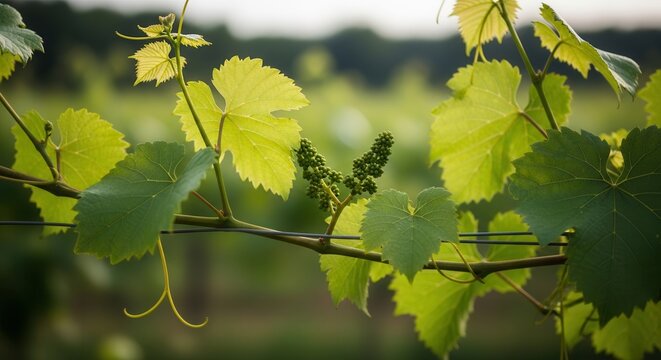 Green grapevine leaves in vineyard.