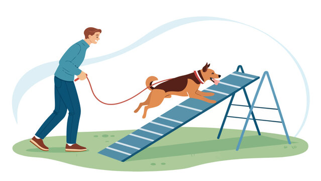 Dog agility training illustration with handler guiding pet over a-frame obstacle training obstacle competition obedience exercise practice performance domestic lifestyle teaching coaching