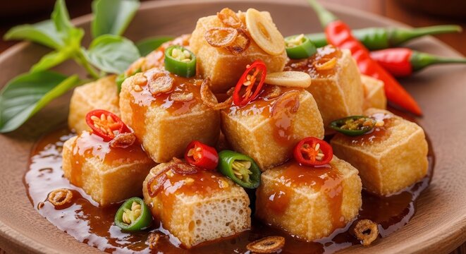 Indonesian Tahu Gejrot Fried Tofu with Spicy Chili Sauce.