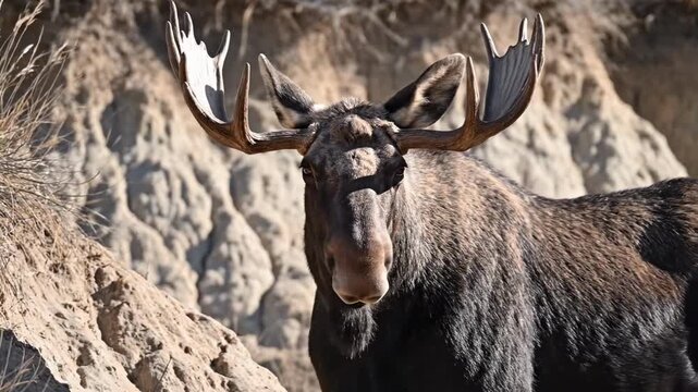 Front facing moose head in pale rocky badlands, bright antler blades, long square muzzle, cropped bristly crown tuft, small chin beard, harsh sunlight and dry sculpted wilderness backdrop view