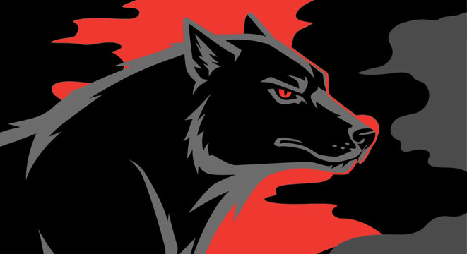 Fierce black wolf head profile logo against red background.