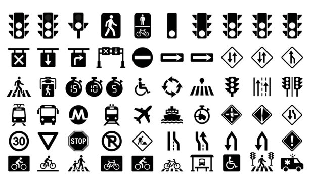 Black and white traffic signal silhouettes transportation icon set isolated on white