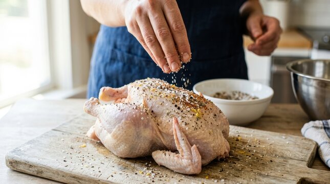 A close-up of a dry brine (salt and seasoning mixture) being applied to a whole chicken, the salt mixture falling through fingers onto the skin.