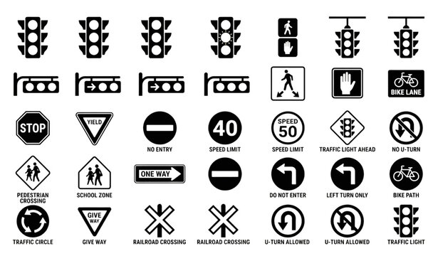 Traffic light silhouette icon collection black and white vector isolated on white