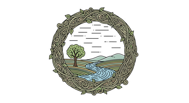 Circular Nature Scene Illustration: Tree, River, Hills, and Sky