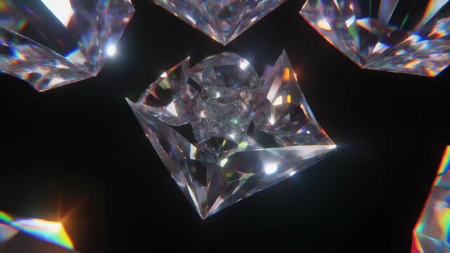 Crystal formations float in darkness with central crystal shining brightly surrounded by others