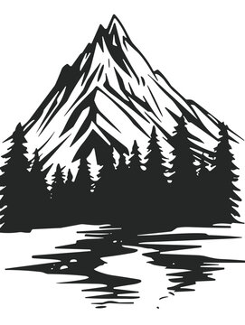 Mountain Landscape Silhouette Vector with Forest and Reflection