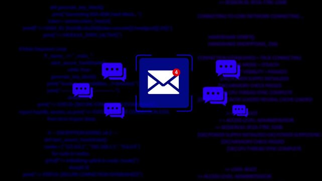 Abstract glowing light message icon animation coming 4 notifications on black background. 4K Digital Message Alert Motion Video&rsquo;