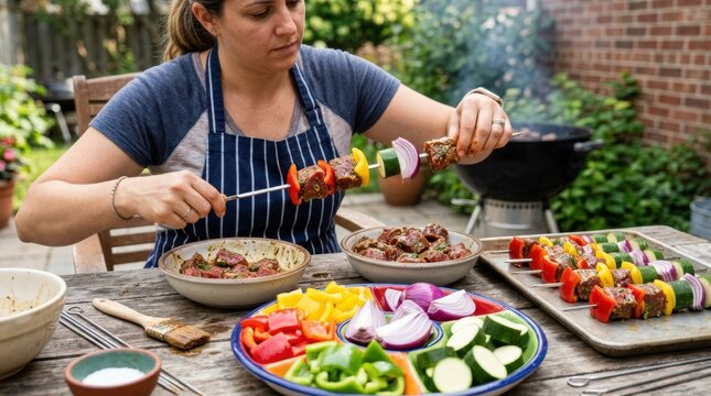 A person skewering marinated chunks of beef sirloin onto metal or bamboo skewers for beef satay or shish kebabs, alternating with bell peppers, onions, and zucchini.