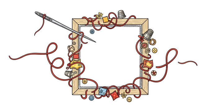 Embroidery Frame with Needle, Thread, Thimbles, and Buttons - Crafting Background