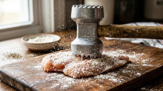 A slow-motion shot of a meat mallet tenderizing a pounded chicken breast or beef cutlet. The mallet comes down, flattening the meat, with tiny juices spraying. The meat is dusted with flour.