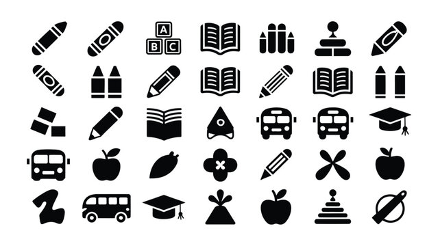 Set of preschool and elementary education icons with crayons, books, and school buses.
