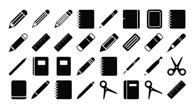 Stationery vector icons set showing pencils notebooks rulers erasers scissors and markers.