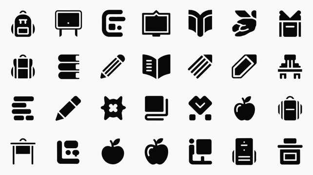 Education icons set with backpack, books, pencil, desk, apple, computer, globe, calculator, and graduation cap.