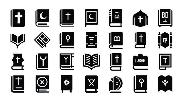 Collection of black vector icons showing various holy books and scripture related symbols.