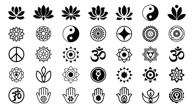 Set of black and white sacred geometry icons featuring spiritual lotus and ethnic patterns.