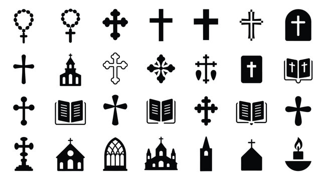 Christianity religion symbols rosary cross bible church praying hands icons tombstone.