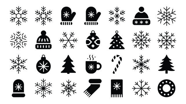 Winter season icons set with snowflakes mittens and christmas tree ornament.