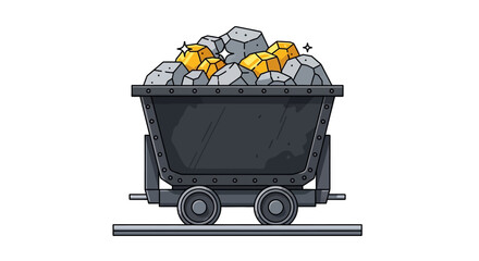 Mining cart filled with gold nuggets and rocks on a railway track © catur