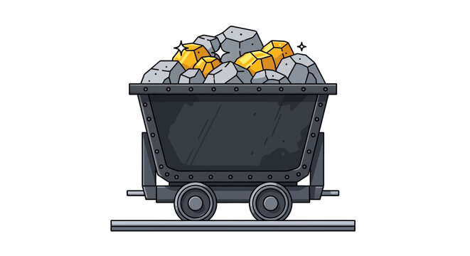 Mining cart filled with gold nuggets and rocks on a railway track