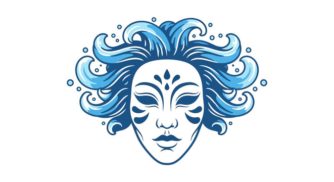 Mysterious Blue Water Spirit Mask with Flowing Hair and Bubbles