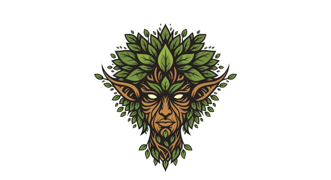 Mystical Forest Spirit Face with Green Leaves and Wooden Texture