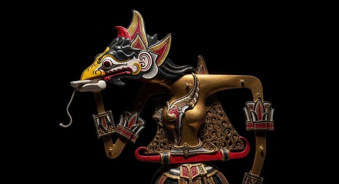 Intricate Wayang Kulit Puppet with Detailed Features on Black Background.