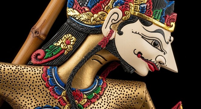 Intricate Wayang Kulit Puppet with Detailed Costume Against Black Background.