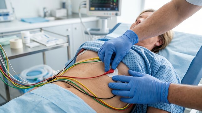 Patient connected to multiple ecg leads while medical staff places electrodes for cardiac monitoring in hospital examination room