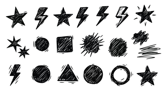 Hand drawn doodle shapes set, black ink sketch stars and lightning bolts, 18 vector geometric elements for grunge design and creative branding