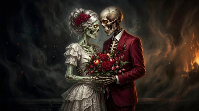 Skeletons Couple Celebrates Their Wedding with Glowing Eyes Holding a Rose Bouquet Surrounded by Smoke and Fire