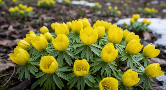 Vibrant Yellow Winter Aconite Flowers Blooming in Sunlight.