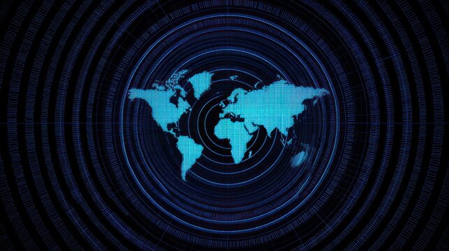 Abstract world map with concentric circles against a dark blue background