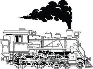Vintage steam locomotive engine detail line art illustration featuring metal rivets and ladder for transportation and coloring book. © Vhya