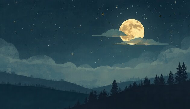 Midnight Serenity: A captivating illustration depicts a serene night sky illuminated by a radiant full moon, with gentle clouds drifting across the expanse, over silhouetted hills and a pine forest.