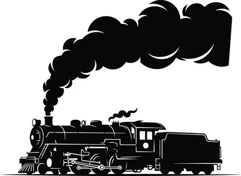Vintage steam locomotive train front view black and white silhouette